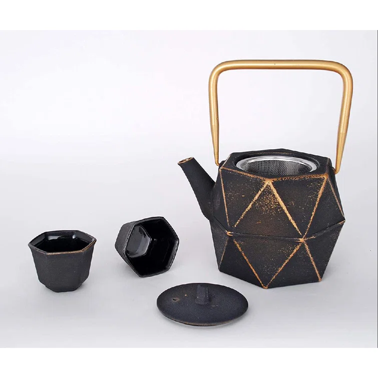 Rikyu+Japanese+Cast+Iron+Tetsubin+Tea+Set+Diamond+Design+32+Fl+Ounce+Teapot+With+Stainless