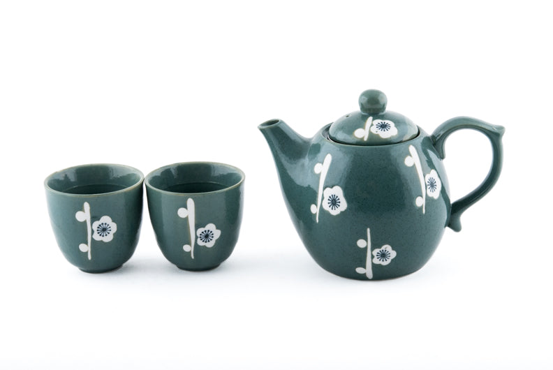 Teal Floral Tea Pot with 2 Cups